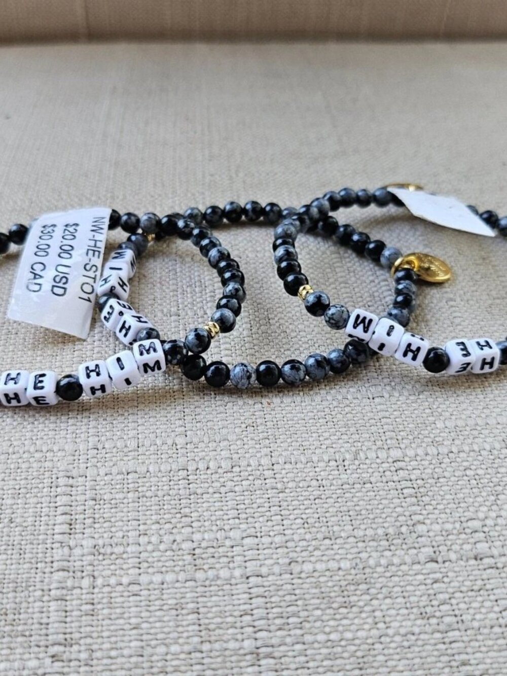 Little Words Project Bracelet Black Beands HE HIM Wrist Band Stretched Lot of 3 - Picture 3 of 12